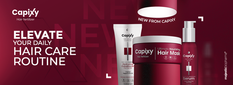 Capixy hair care products on a red background with promotional text.